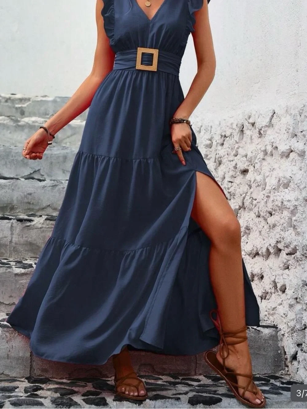 SHEIN Dark Navy V-Neck Maxi Dress with Belted Waist Size M